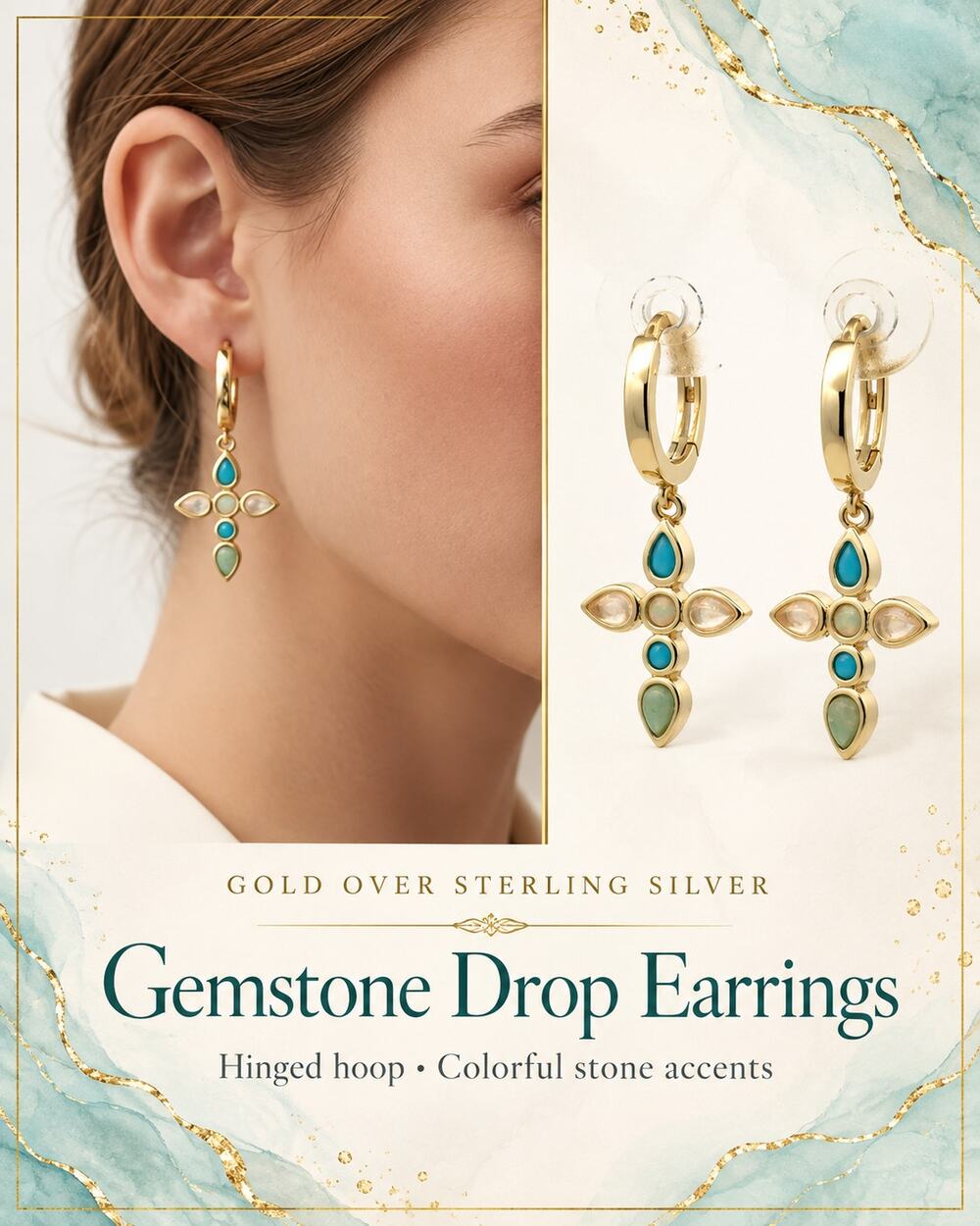 925 Sterling Silver*gold over*Gemstone Cross Earrings
